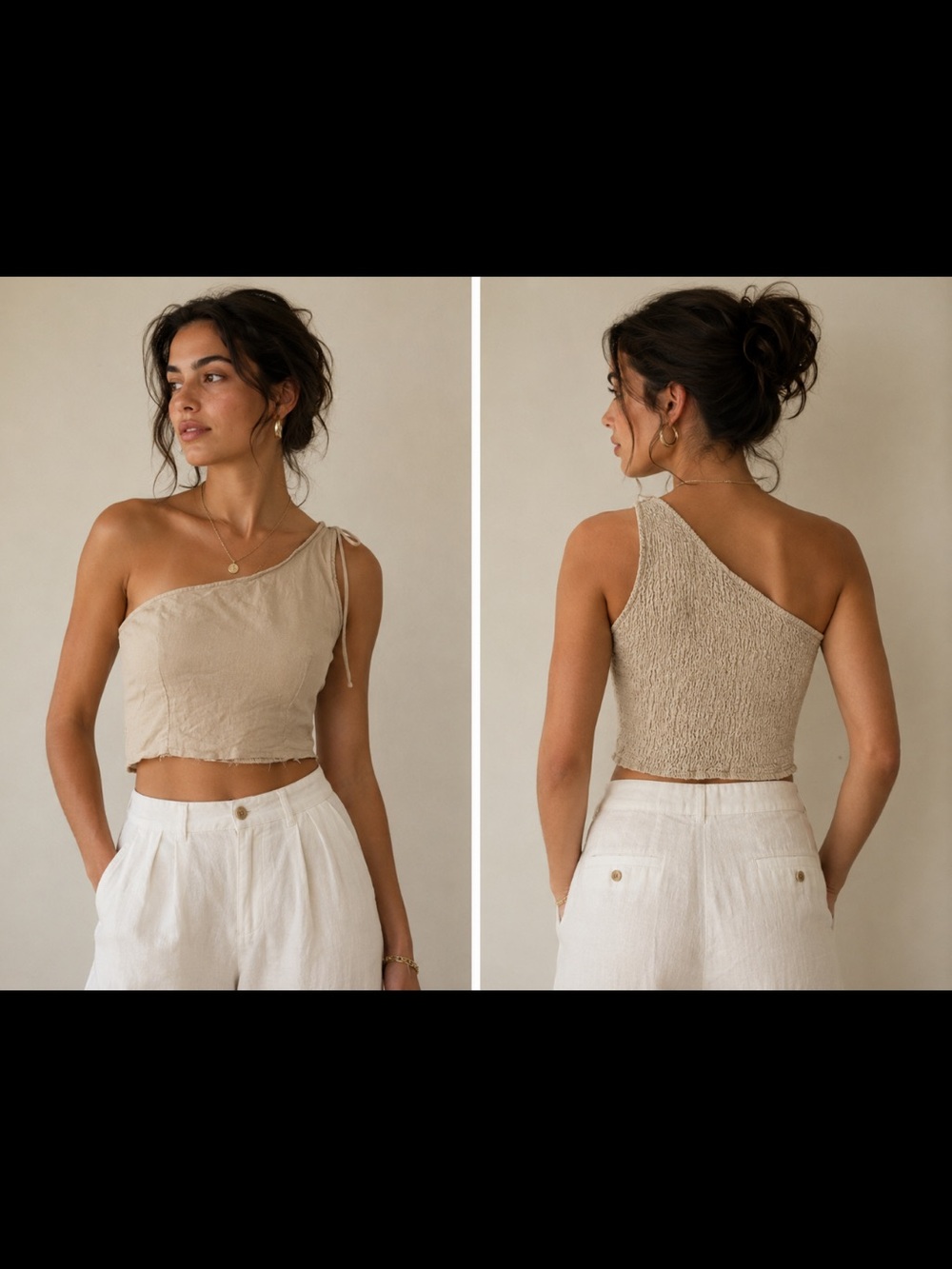 Japna One-Shoulder Beige Crop Top